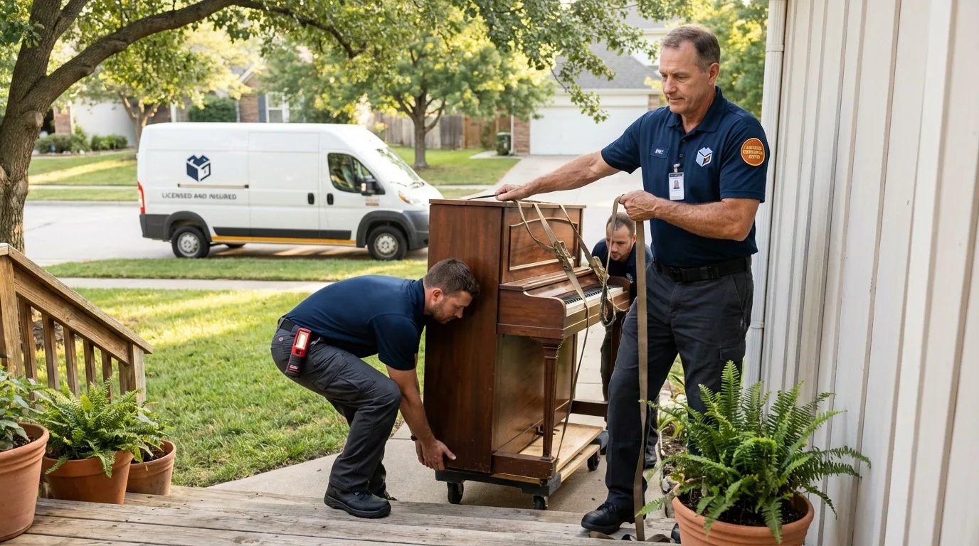 Licensed piano movers securing grand piano in Royalton, MN