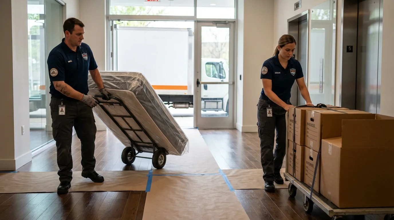Professional apartment movers loading elevator in Royalton, MN